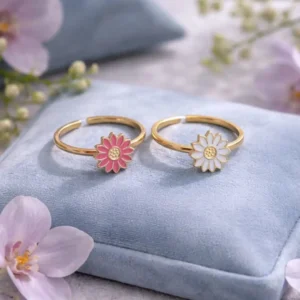 Bague enfant acier inoxydable doré fleur rose et blanche ajustable fille