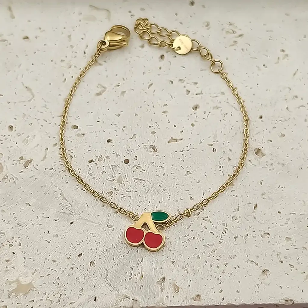bracelet en acier inoxydable pour petite fille pendentif cerise