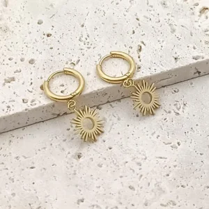 Boucles d'oreilles en acier inoxydable mini-créoles et pendentifs en forme de soleil au rayons dorés