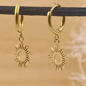Boucles d'oreilles mini-créoles en acier inoxydable doré pendentifs soleil rayons de soleil