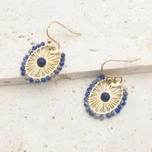 Boucles d’oreilles en acier inoxydable doré en forme de soleil avec perles en Lapis Lazuli bleu