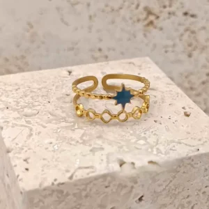 Bague en acier double-rangs etoile bleu foncé , bague pour femme