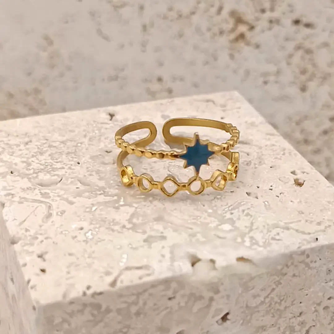Bague en acier double-rangs etoile bleu foncé , bague pour femme