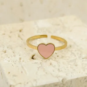 Bague enfant en acier doré avec coeur émaillée rose, bijou ajustable pour fille de 5 à 10 ans