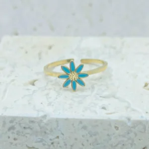 Bague enfant en acier doré avec marguerite bleue émaillée, bijou ajustable pour fille de 5 à 10 ans
