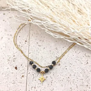 Bracelet tendance double doré avec pierres noires et étoile dorée