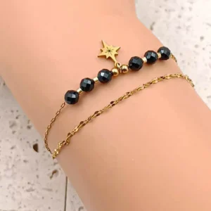 Bracelet femme acier inoxydable double rangs doré avec perles noires et pendentif étoile polaire