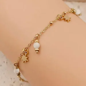 Bracelet chaîne en acier doré avec pampilles étoiles et perles fines blanches, bijou tendance ajustable pour femme