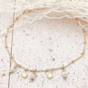 Bracelet chaîne en acier doré avec pampilles étoiles et perles fines blanches, bijou tendance ajustable pour femme