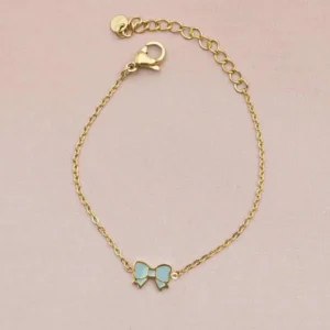 Bracelet enfant en acier doré avec noeud colorée bleu ajustable pour petite fille 4 à 9 ans