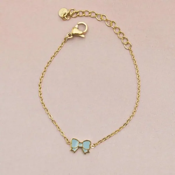 Bracelet enfant en acier doré avec noeud colorée bleu ajustable pour petite fille 4 à 9 ans