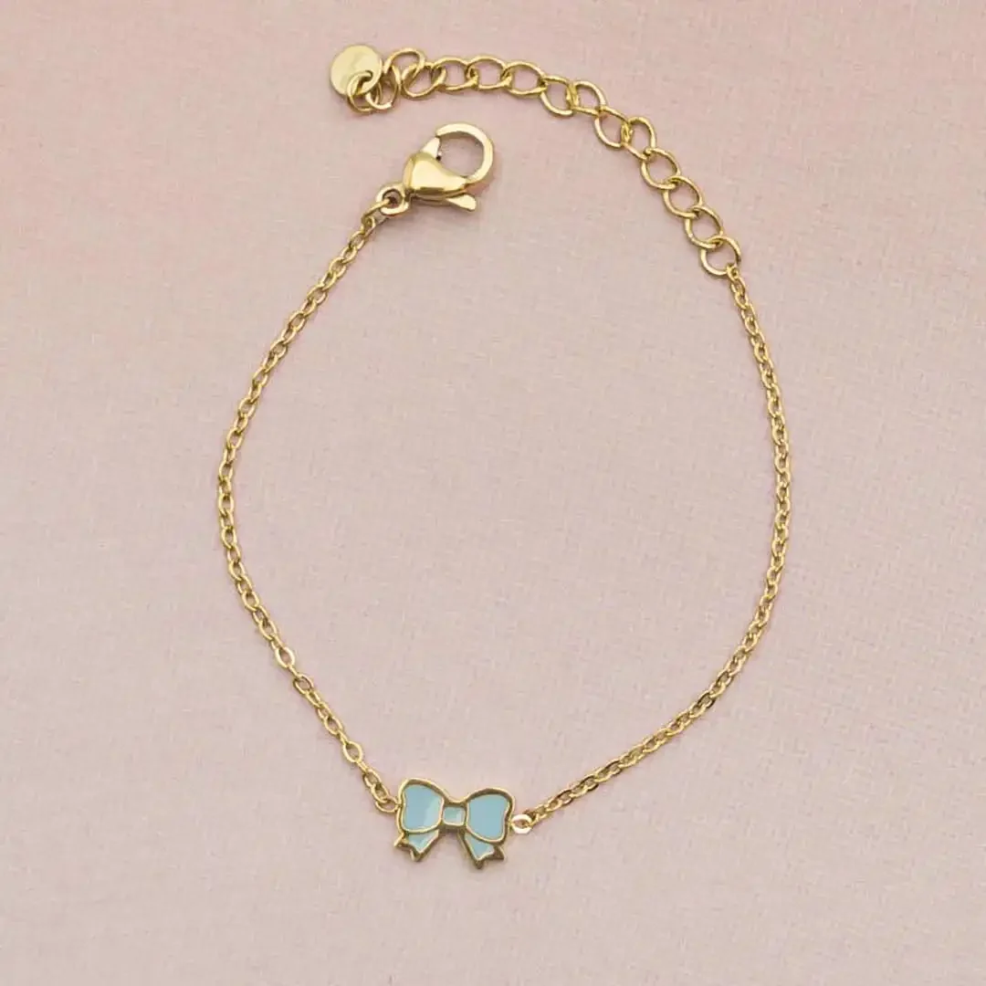 Bracelet enfant en acier doré avec noeud colorée bleu ajustable pour petite fille 4 à 9 ans
