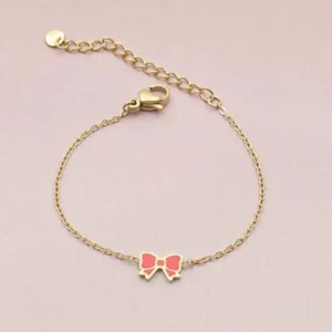 Bracelet enfant en acier doré avec noeud colorée fushia ajustable pour petite fille 4 à 9 ans