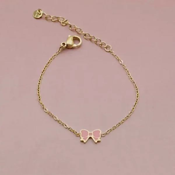 Bracelet enfant en acier doré avec colorée rose ajustable pour petite fille 4 à 9 ans