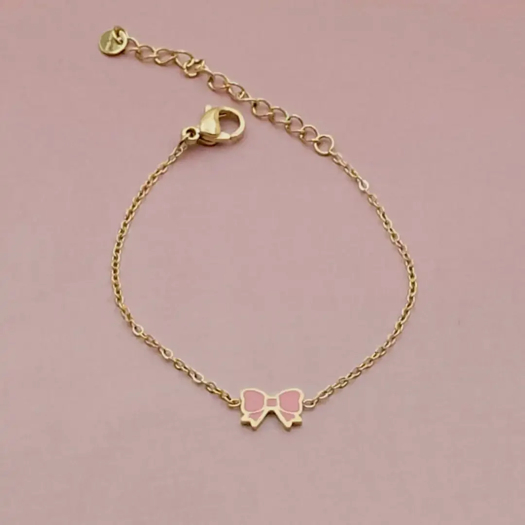 Bracelet enfant en acier doré avec colorée rose ajustable pour petite fille 4 à 9 ans