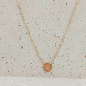 collier enfant en acier inoxydable doré pendentif maguerite rose orangé