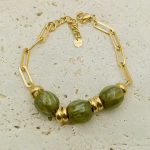 👉 Bracelet chaîne chunky en acier inoxydable doré avec grosses perles en résine verte