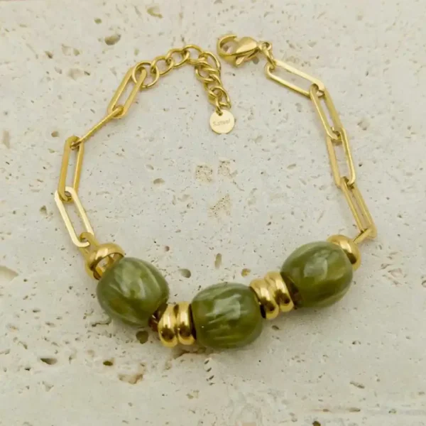 👉 Bracelet chaîne chunky en acier inoxydable doré avec grosses perles en résine verte