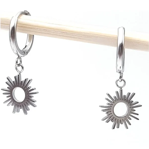 Boucles d'oreilles mini-créoles en acier inoxydable agenté pendentifs soleil rayons de soleil