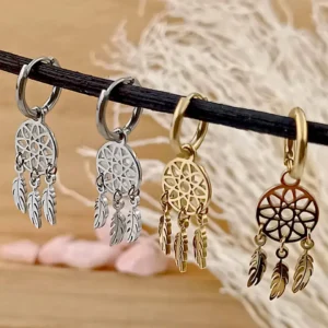 Boucles d’oreilles attrape-rêves avec plumes en argent et doré, bijoux acier bohème pour femme.