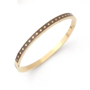 Bracelet jonc rigide acier doré émaillé marron foncé avec motifs étoiles