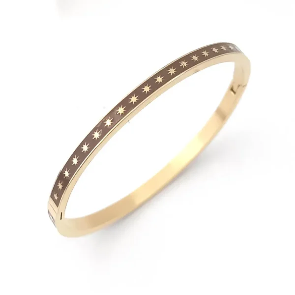 Bracelet jonc rigide acier doré émaillé marron foncé avec motifs étoiles