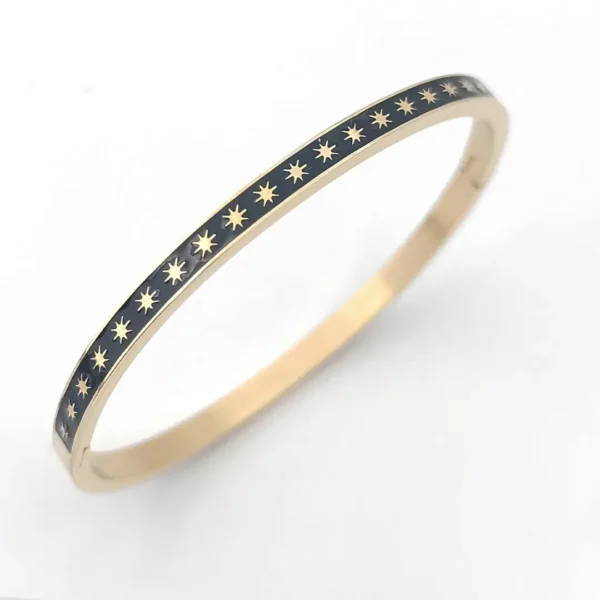 Bracelet jonc rigide acier doré émaillé noir avec motifs étoiles
