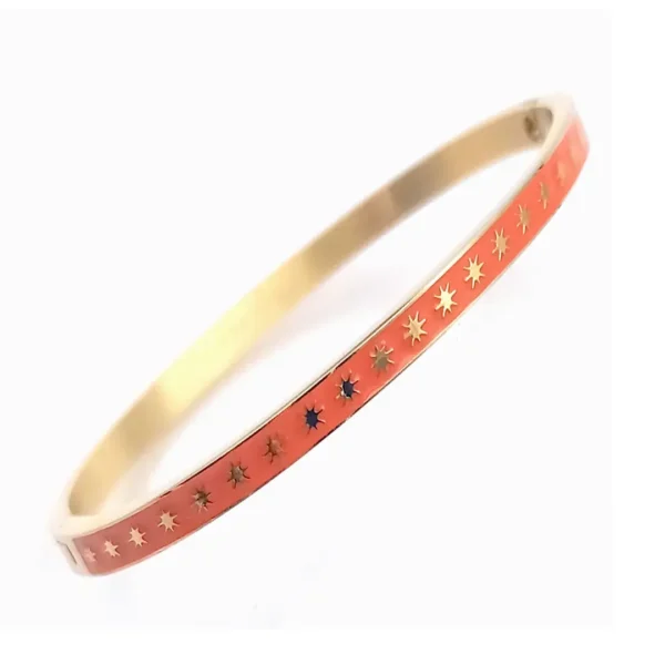 Bracelet jonc rigide acier doré émaillé orange avec motifs étoiles