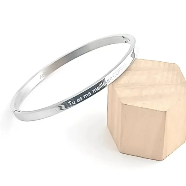 Bracelet jonc argenté en acier inoxydable gravé « Tu es ma meilleure copine», bijou élégant et tendance pour femme, idée cadeau romantique et personnalisée.
