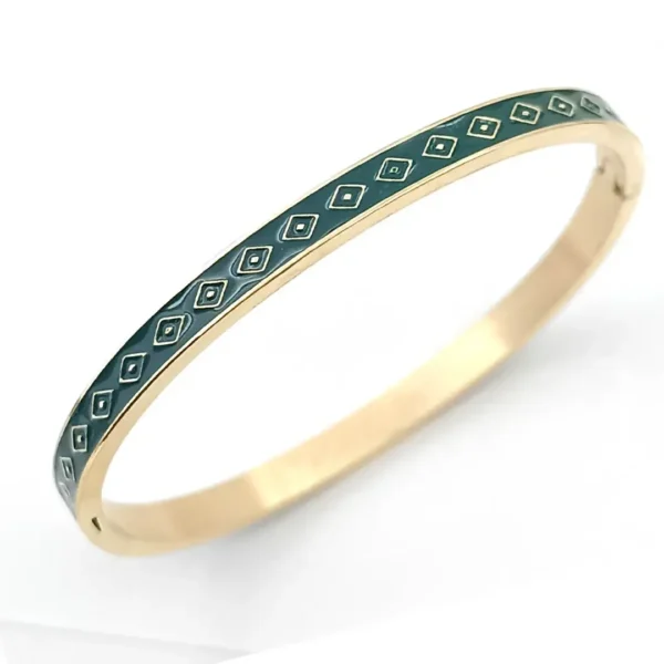 Bracelet jonc en acier doré avec motifs losanges, émail coloré vert foncé