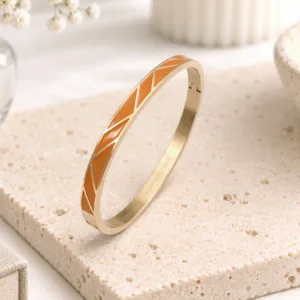 Bracelet jonc émaillé femme marron clair en acier inoxydable doré