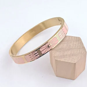 Bracelet jonc rigide en acier inoxydable doré avec motif géométrique noir gravé et émaillé,