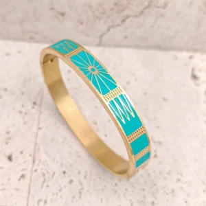 Bracelet jonc rigide en acier inoxydable doré avec motif géométrique noir gravé et émaillé,