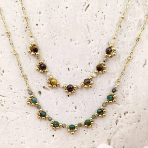 Collier en acier doré orné de perles vertes ou marrons et dorées, bijou fin et élégant pour femme