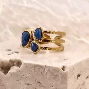 Deux bagues en acier doré 3 rangs ornées de pierres naturelles avec des pierres bleues Lapis lazulli