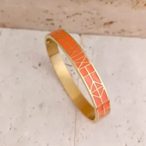 Bracelet jonc en acier doré avec émail orange et motifs triangles géométriques pour femme