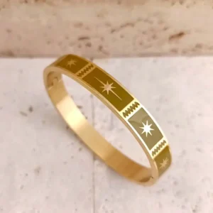 bracelets joncs en acier et émaillés couleur vert brun Gravure dorée étoile et étoile polaire