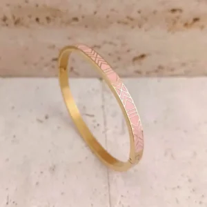 Bracelet jonc en acier doré et émaillé de coleur rose