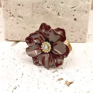 Bague ajustable fleur en résine de couleur marron et acier inoxydable avec strass central