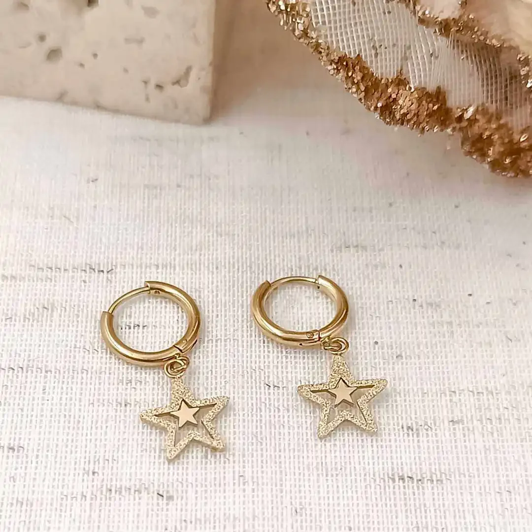 Boucles d’oreilles en acier inoxydable doré avec pendentifs étoile pailletée,