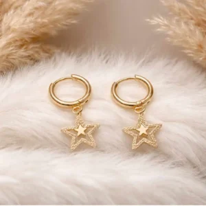 Boucles d’oreilles mini-créoles en acier inoxydable doré avec pendentifs étoile pailletée,