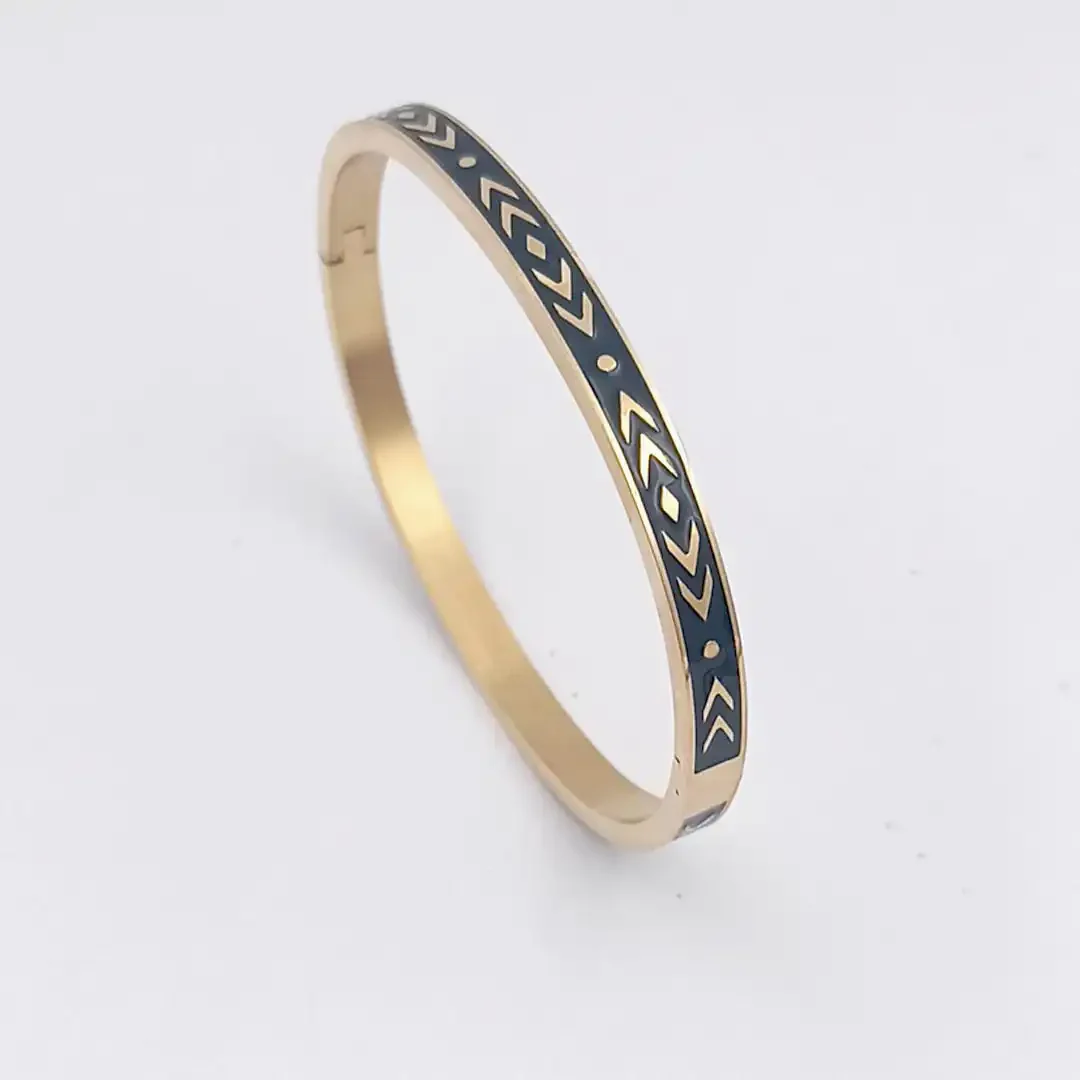 bracelet jonc coloré acier et émaillé noir gravé doré