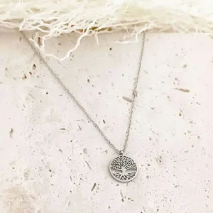 Collier arbre de vie en acier argenté, pendentif rond ajouré arbre de vie