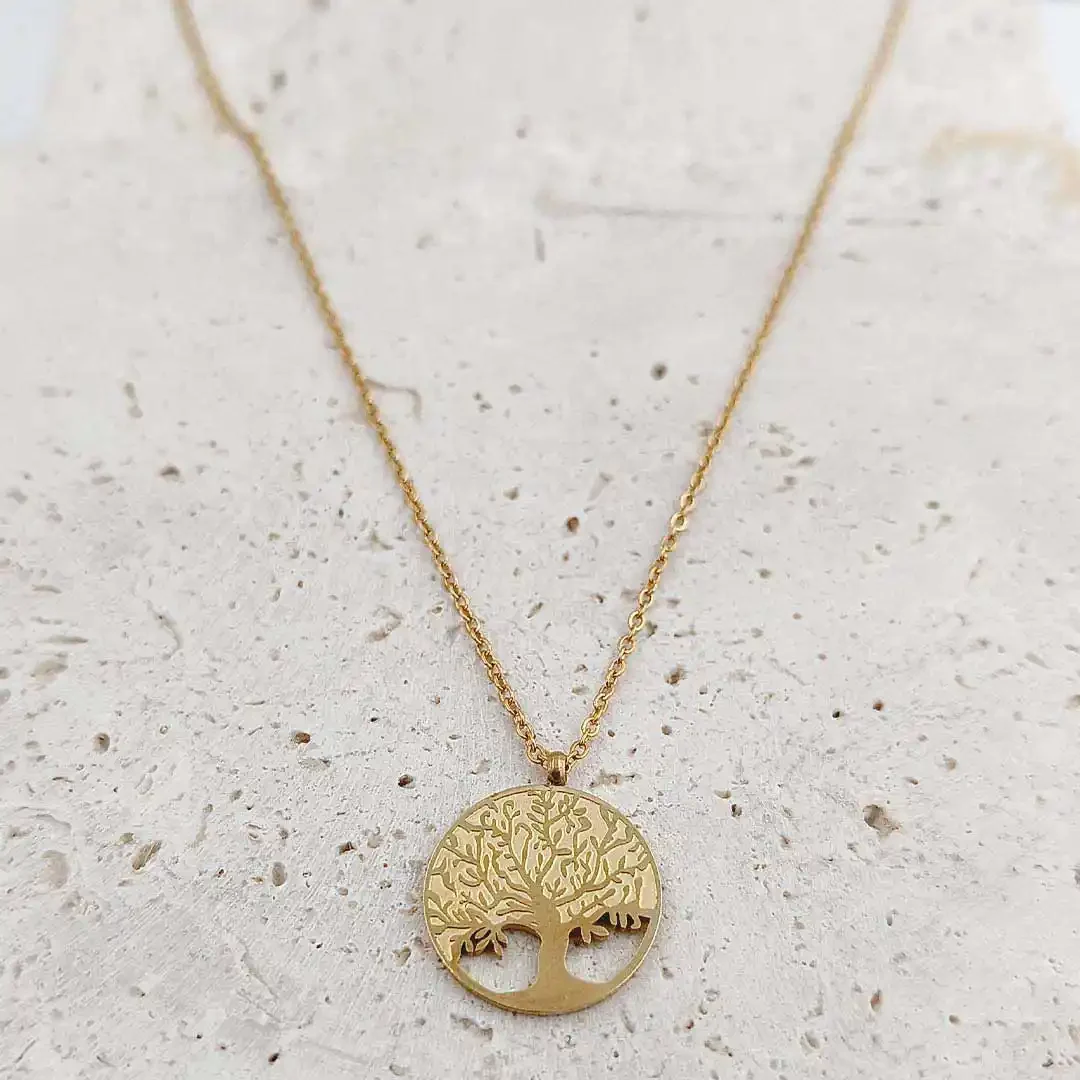 Collier arbre de vie en acier doré, bijoux symboliques et élégants