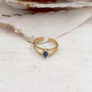Bague ajustable en acier inoxydable doré avec pierre ovale bleue