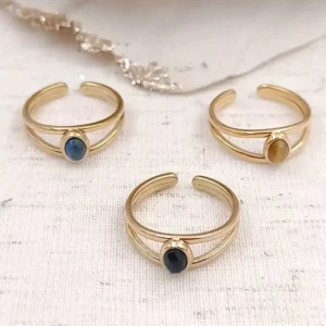 Bagues ajustables en acier inoxydable doré avec pierre ovale – bleu, noir et marron