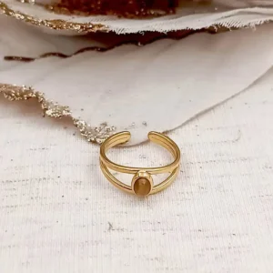 "Bague ajustable en acier inoxydable doré avec pierre ovale marron clair