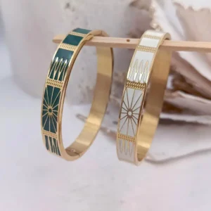 Bracelets joncs rigides en acier doré avec motifs géométriques soleil gravés dorés