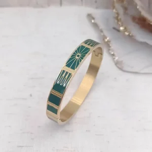 Bracelets joncs rigides en acier doré avec motifs géométriques soleil gravés dorés