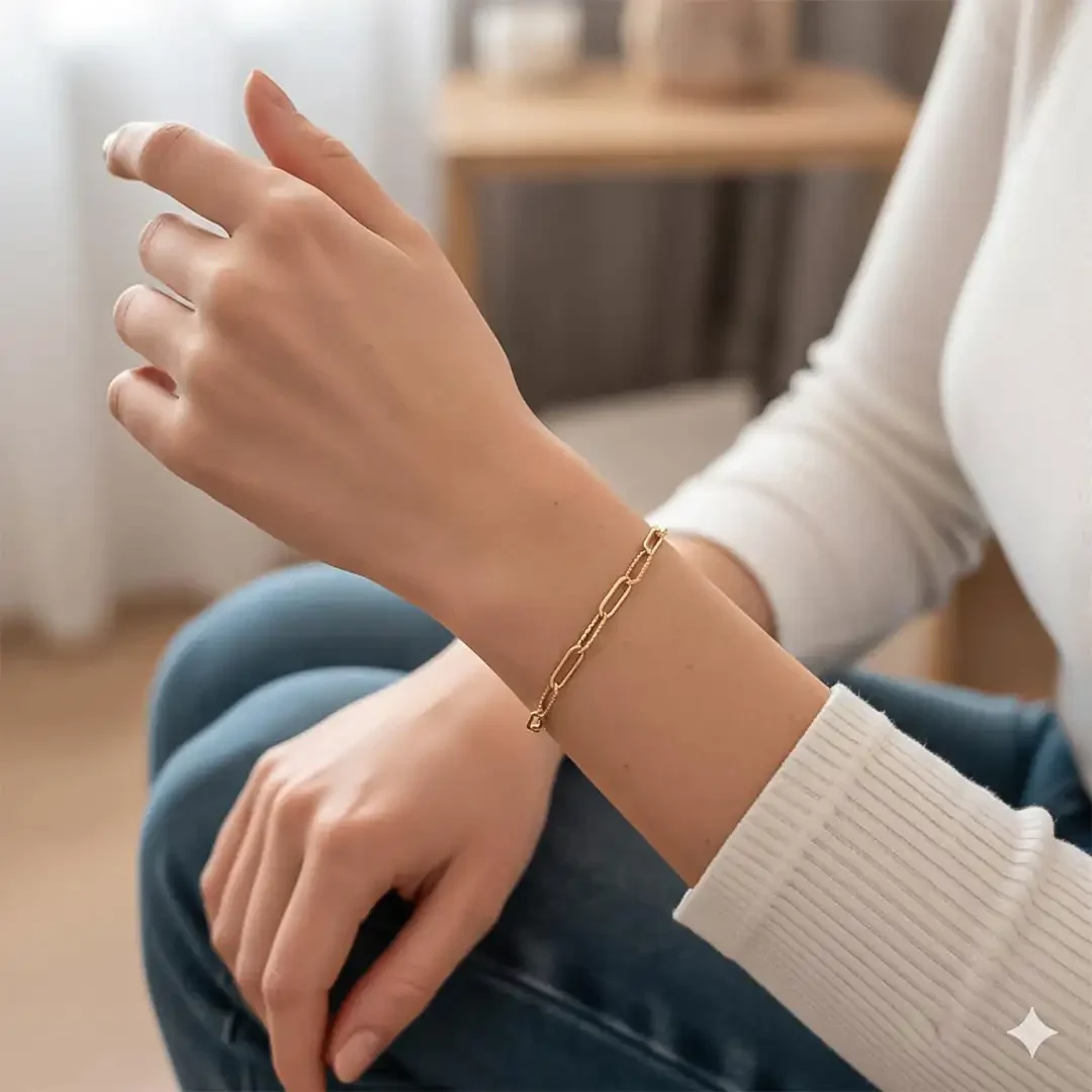 Bracelet en acier doré composé de maillons ovales dont certains sont martelés, idéal pour ajouter des charms.